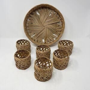 Vintage Beverage Serving Tray Set Woven Wicker Indoor/Outdoor 6 Beverage Holders